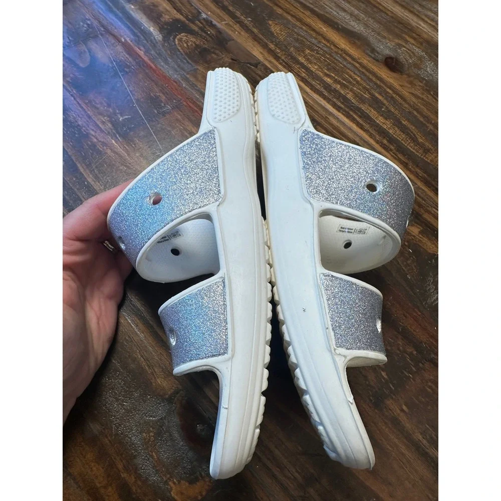 Crocs Glitter 2 Strap Slide Sandal Women's 9 or Men 7‎ White Silver Sparkle Shoe